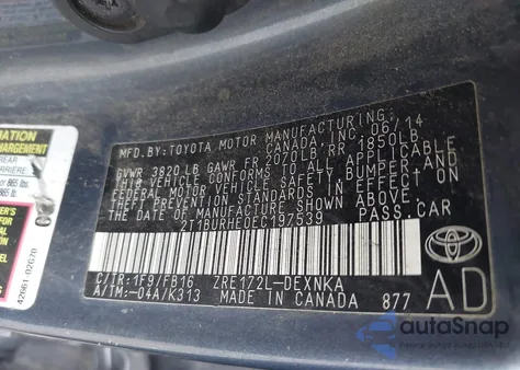 2014 Toyota Corolla Le Plus из США, поврежденный, VIN 2T1BURHE0EC197539